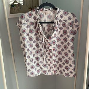 Loft size medium cream blue and coral tie neck blouse
